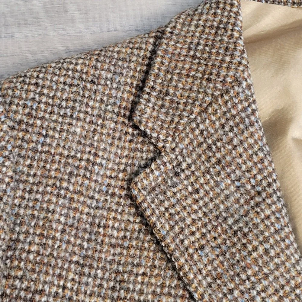 🐑Vintage 1970s Harris Tweed Blazer Men 44R Brown Houndstooth 100% Scottish Wool
